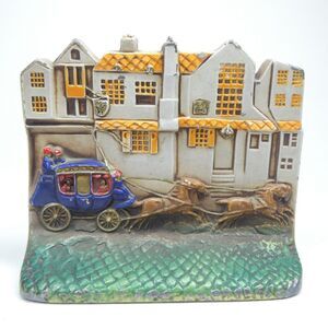 Cast Metal Bookend Streetscape Stagecoach British Street Houses Vintage